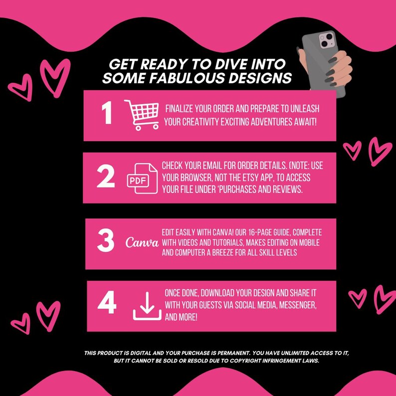May include: Black graphic with pink accents and text. The text reads "GET READY TO DIVE INTO SOME FABULOUS DESIGNS." Instructions are numbered 1-4, with icons and text describing the digital product's use. Hearts are in the corners.