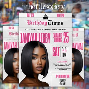 Birthday Party Newspaper Flyer, Dinner Itinerary Invite, Editable Canva Template, Digital Party Invitation, Milestone Event Design
