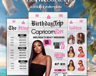 Birthday Weekend Itinerary Newspaper Invite, Capricorn Season Digital Girls Trip Template, Canva Travel Flyer, Birthday Itinerary Design