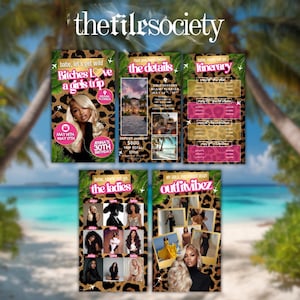 Op de afbeelding: Digitale reisroute met een luipaardprint. Het ontwerp bevat tekst als "Bitches Love a girls trip" en "Jenna's 30th Birthday". Andere panelen tonen details, route en outfit-idee&euml;n.