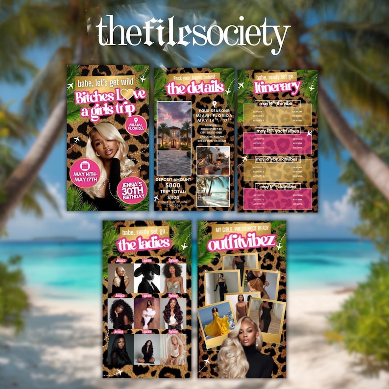 Op de afbeelding: Digitale reisroute met een luipaardprint. Het ontwerp bevat tekst als "Bitches Love a girls trip" en "Jenna's 30th Birthday". Andere panelen tonen details, route en outfit-idee&euml;n.