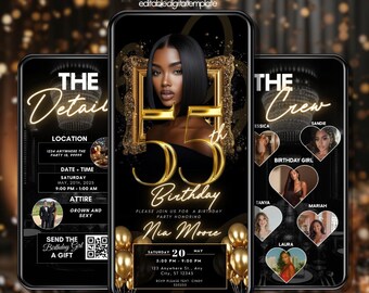 Elegant Gold 55th Birthday Invitation: Editable Canva Template (Digital)