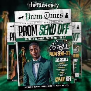 Newspaper Prom Invitation, Green Boy Pre-Prom Red Carpet Send-Off Flyer, Gold Editable Prom Party DIY Canva Social Invite