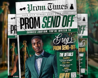 Invitación de graduación con periódico, volante de despedida de alfombra roja para pre-graduación de Green Boy, invitación de Canva para fiesta de graduación editable en dorado