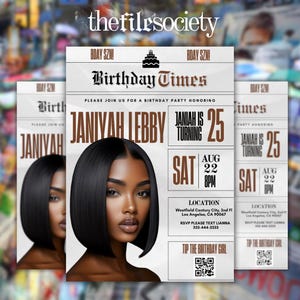Brown Birthday Party Newspaper Flyer, Dinner Itinerary Invite, Editable Canva Template, Digital Party Invitation, Milestone Event Design