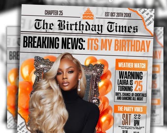 Silverorange tidningsfödelsedagsinbjudan, digital glamourfest, redigerbar flygbladsmall för sociala medier, modern födelsedagsmiddagsinbjudan