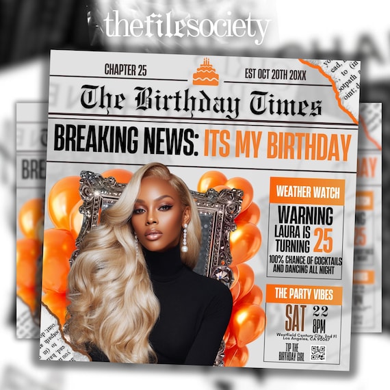 Silver Orange Newspaper Birthday Invitation, Digital Glam Party Evite, Editable Social Media Flyer Template, Modern Birthday Dinner Invite