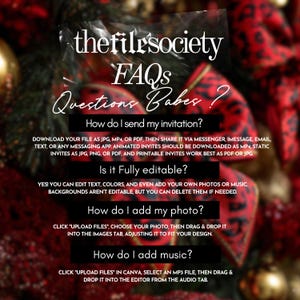 May include: A promotional image for thefilesociety, featuring FAQs about digital invitations. The image includes text on how to send, edit, and add photos and music to invitations. The background has red ribbon and Christmas tree elements.