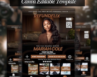 May include: A promotional flyer with the text "thefilesociety Canva Editable Template" at the top. The flyer features a woman in a brown blazer, with the text "REFUNDFLIX" and "MARIAH COLE" prominently displayed. It also includes a QR code and icons.