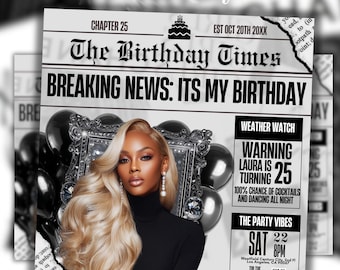 Silver Black Newspaper Birthday Invitation, Digital Glam Party Evite, Editable Social Media Flyer Template, Modern Birthday Dinner Invite