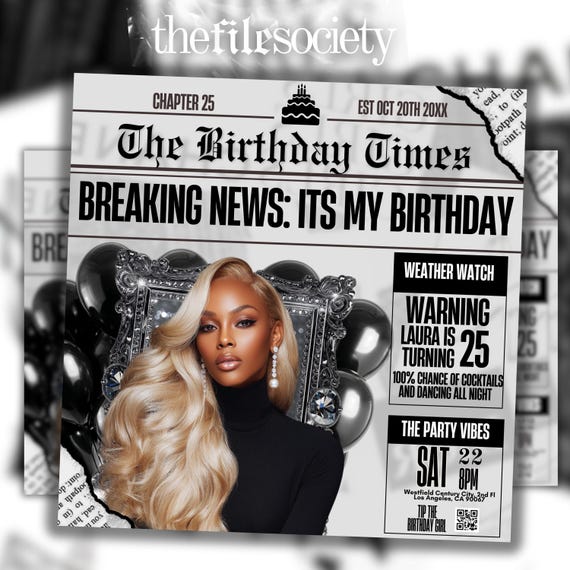 Silver Black Newspaper Birthday Invitation, Digital Glam Party Evite, Editable Social Media Flyer Template, Modern Birthday Dinner Invite