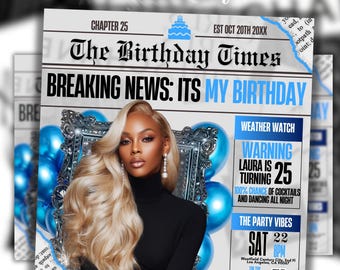 Silver Blue Newspaper Birthday Invitation, Digital Glam Party Evite, Editable Social Media Flyer Template, Modern Birthday Dinner Invite