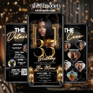 May include: A digital birthday invitation template featuring a woman's portrait in a gold frame, with the text "35th Birthday" and event details. The design includes gold balloons and the text "Nia Moore". The invitation is displayed on three smartphones.
