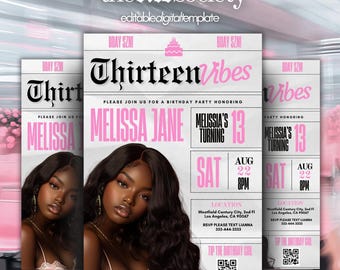 Pink 13th Birthday Newspaper Invitation: Editable Canva Template (Digital Download)