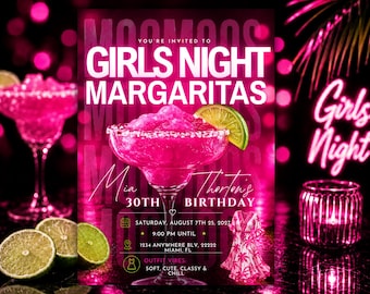 Rosa Moomoos och Margaritas inbjudan, redigerbar tjejkväll födelsedagsfestinbjudan, tropisk Margarita canvasflyer, digital mall