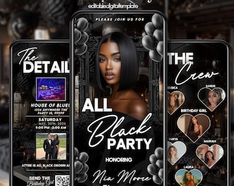 Animated All Black Birthday Party Invitation: Glam Video Invite (Digital Download)