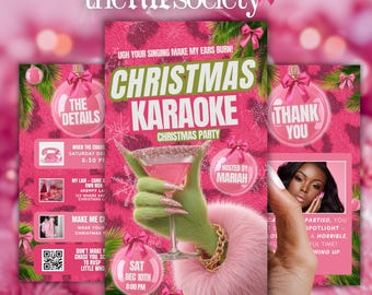 Op de afbeelding: Roze flyer voor een kerst karaoke party met een Grinch-thema hand die een cocktail vasthoudt. De flyer bevat tekst zoals "Christmas Karaoke" en "Hosted by Mariah". De flyer bevat ook de datum en tijd van het evenement.
