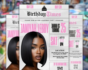 Pink Birthday Party Newspaper Flyer, Dinner Itinerary Invite, Editable Canva Template, Digital Party Invitation, Milestone Event Design