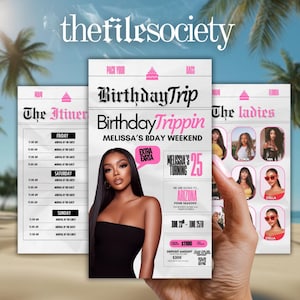 Puede incluir: Un folleto promocional para un viaje de cumpleaños, con un retrato de mujer y detalles del evento. El folleto incluye el texto "Birthday Trip" y "Melissa's Bday Weekend", con información del itinerario y el destino de Arizona.