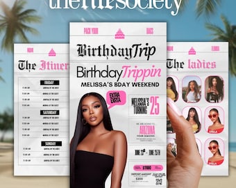 Modello di itinerario di compleanno modificabile in stile giornale, programma del viaggio di compleanno per ragazze, volantino di invito digitale per il weekend dell'addio al nubilato