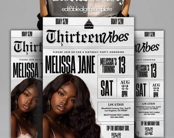 Digital 13th Birthday Newspaper Flyer, Black Editable Dinner Invitation Canva Template, Personalized Vintage Milestone Invite, Luxury Design