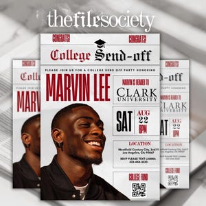 May include: A flyer for a college send-off party honoring Marvin Lee. The design features a photo of a smiling young man, with text including "College Send-off," "Clark University," and event details.