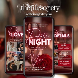 Pode incluir: Um modelo digital para um convite para uma noite romântica, com três telas de smartphone. A tela central exibe "Date Night" com uma taça de vinho e uma rosa vermelha. As outras telas mostram fotos e detalhes.