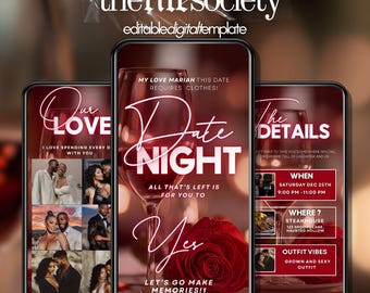 May include: A digital template for a date night invitation, featuring three smartphone screens. The central screen displays "Date Night" with a wine glass and a red rose. The other screens show photos and details.