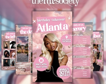 May include: Pink and white event flyers with the text "thefilesociety" at the top. The main flyer says "birthday takeover Atlanta" with a photo of a woman. Other flyers show event details, dates, and a deposit amount.