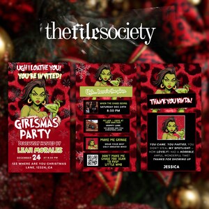 May include: A Girlsmas Party invitation with a red leopard print background. The invitation features a green-skinned woman holding a cocktail. Text includes party details, host's name, and RSVP information.