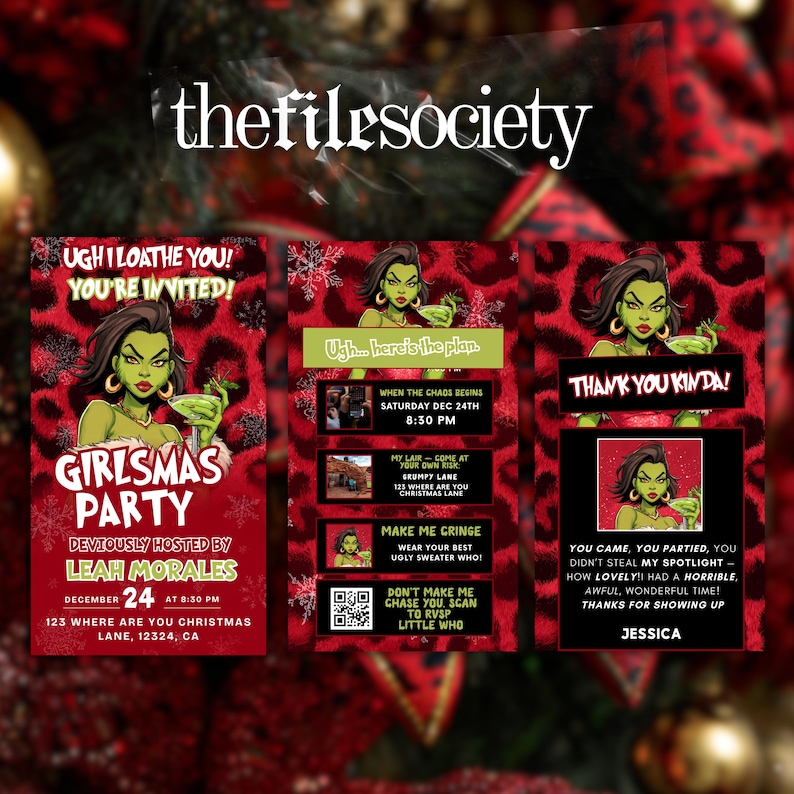 May include: A Girlsmas Party invitation with a red leopard print background. The invitation features a green-skinned woman holding a cocktail. Text includes party details, host's name, and RSVP information.