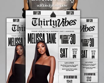 Digital 30th Birthday Newspaper Flyer, Black Editable Dinner Invitation Canva Template, Personalized Vintage Milestone Invite, Luxury Design
