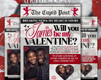 Will You Be My Valentine Newspaper Template, Personalized Valentine Gift, Valentine’s Day Printable, Flower Bouquet Wrap Template