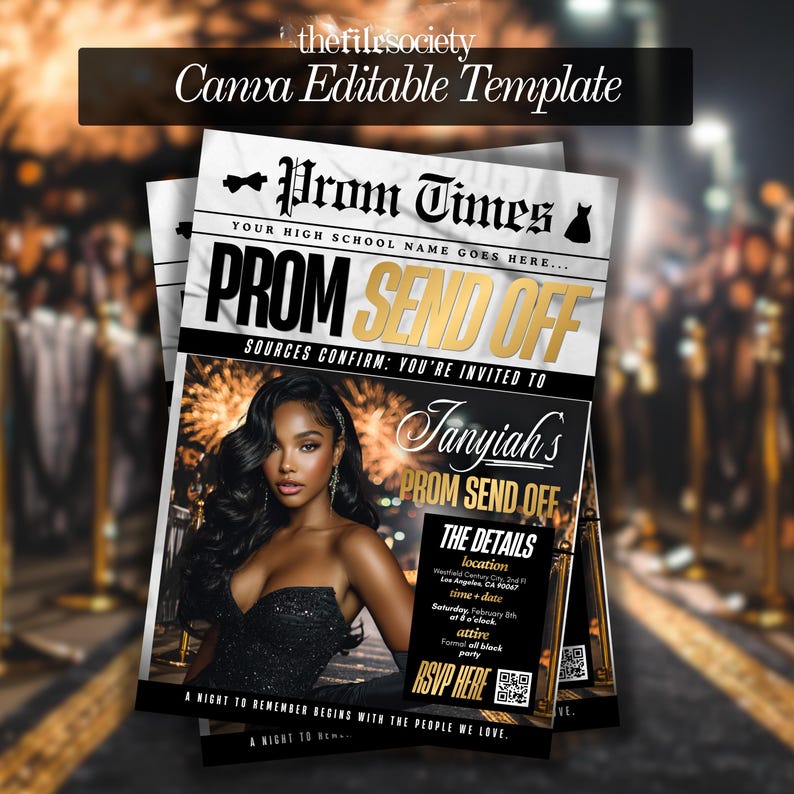 Prom Stack Newspaper Prom Invitation, Black and Gold Carpet Prom Send off Night ...