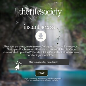 Pu&ograve; includere: Immagine con il testo "thefilesociety" e "accesso immediato". Un cerchio bianco con una freccia rivolta verso il basso &egrave; al centro. Sotto, il testo recita "Usa il modello per un nuovo design" e "AIUTO". Lo sfondo &egrave; una cascata sfocata.