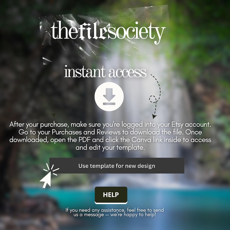 Pu&ograve; includere: Immagine con il testo "thefilesociety" e "accesso immediato". Un cerchio bianco con una freccia rivolta verso il basso &egrave; al centro. Sotto, il testo recita "Usa il modello per un nuovo design" e "AIUTO". Lo sfondo &egrave; una cascata sfocata.
