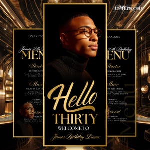 30th Birthday Celebration Menu Template, Editable Canva Black Tie Dinner Party Gold Menu Card Table Decor Digital Download