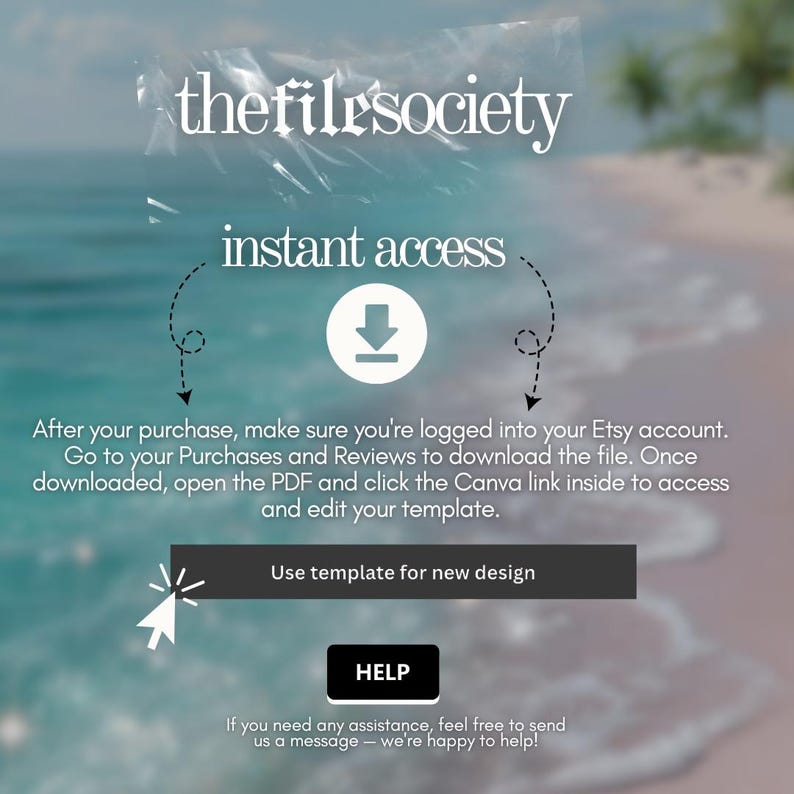 Op de afbeelding: Een digitale afbeelding met de tekst "thefilesociety" en "directe toegang". Er worden instructies gegeven voor het downloaden en gebruiken van een sjabloon. Een knop leest "Gebruik sjabloon voor nieuw ontwerp", een andere "HELP".