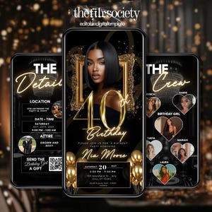 May include: Black and gold digital invitation for a 40th birthday party. The design features a portrait of a woman, gold balloons, and event details. The text includes "40th Birthday" and "Nia Moore".