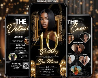 40th Birthday Invitation, Editable Gold & Black Digital Template, 40th Canva Birthday Evite for Him or Her, Elegant Adult Party Invite