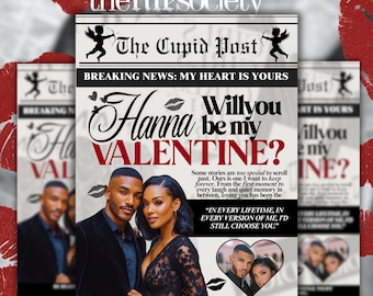 Modelo editável para Canva do jornal "Valentine's Cupid Post", jornal personalizado "Quer ser meu/minha namorado(a)?", download digital.