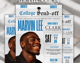 College Send-Off Invitation, Editable Canva Template, Blue Graduation Party Flyer, Modern Newspaper-Style Boy Dorm Party Invite