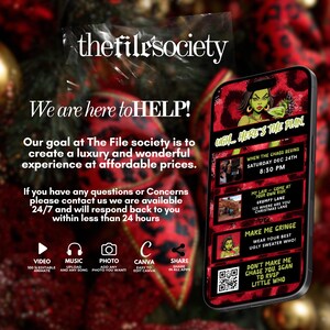 May include: A smartphone displays a festive event invitation with a green-skinned character and the text "UGH... HERE'S THE PLAN." The background features a Christmas tree with red ribbons and gold ornaments. The File Society logo is at the top.