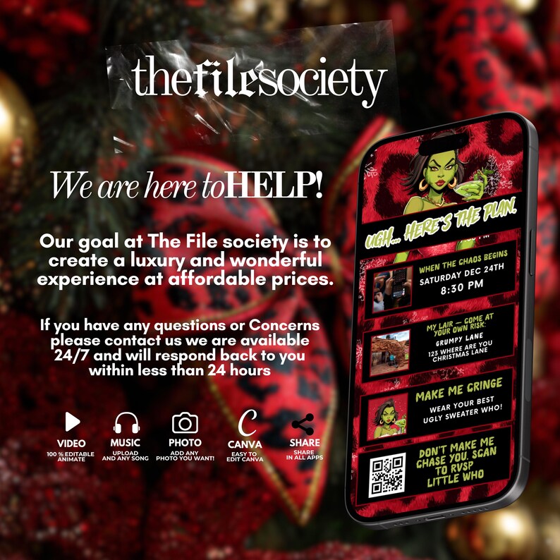May include: A smartphone displays a festive event invitation with a green-skinned character and the text "UGH... HERE'S THE PLAN." The background features a Christmas tree with red ribbons and gold ornaments. The File Society logo is at the top.