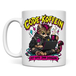 Code-Koffein Tasse – Lustige Programmierer-Tasse mit Punk-Katze, IT- und Nerd-Geschenk
