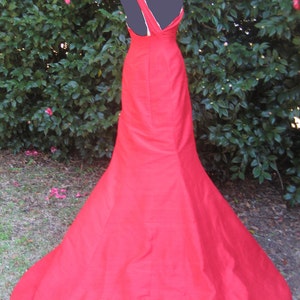 FREE SHIP SAMPLE Size 8 Red Prom Dress Red Wedding Dress Red Evening Gown Asymetrical Mermaid Gown with Topaz Blue Shoulder, Train, Bustle image 5