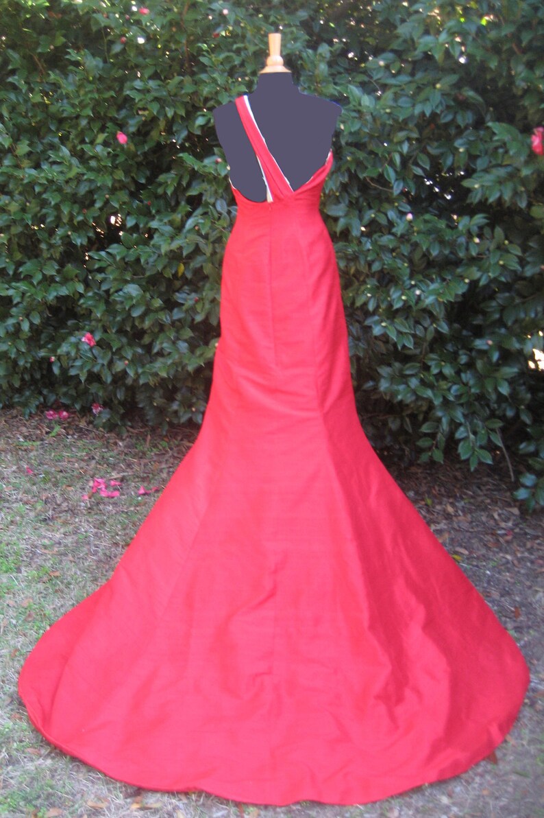 FREE SHIP SAMPLE Size 8 Red Prom Dress Red Wedding Dress Red Evening Gown Asymetrical Mermaid Gown with Topaz Blue Shoulder, Train, Bustle image 5