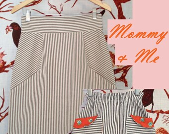 Mommy & Me Ladies Girls Matching Coordinating Eco Hemp Organic Cotton Skirt Pocket Funky Monogram Stripe Fitted Pencil Straight A-Line App