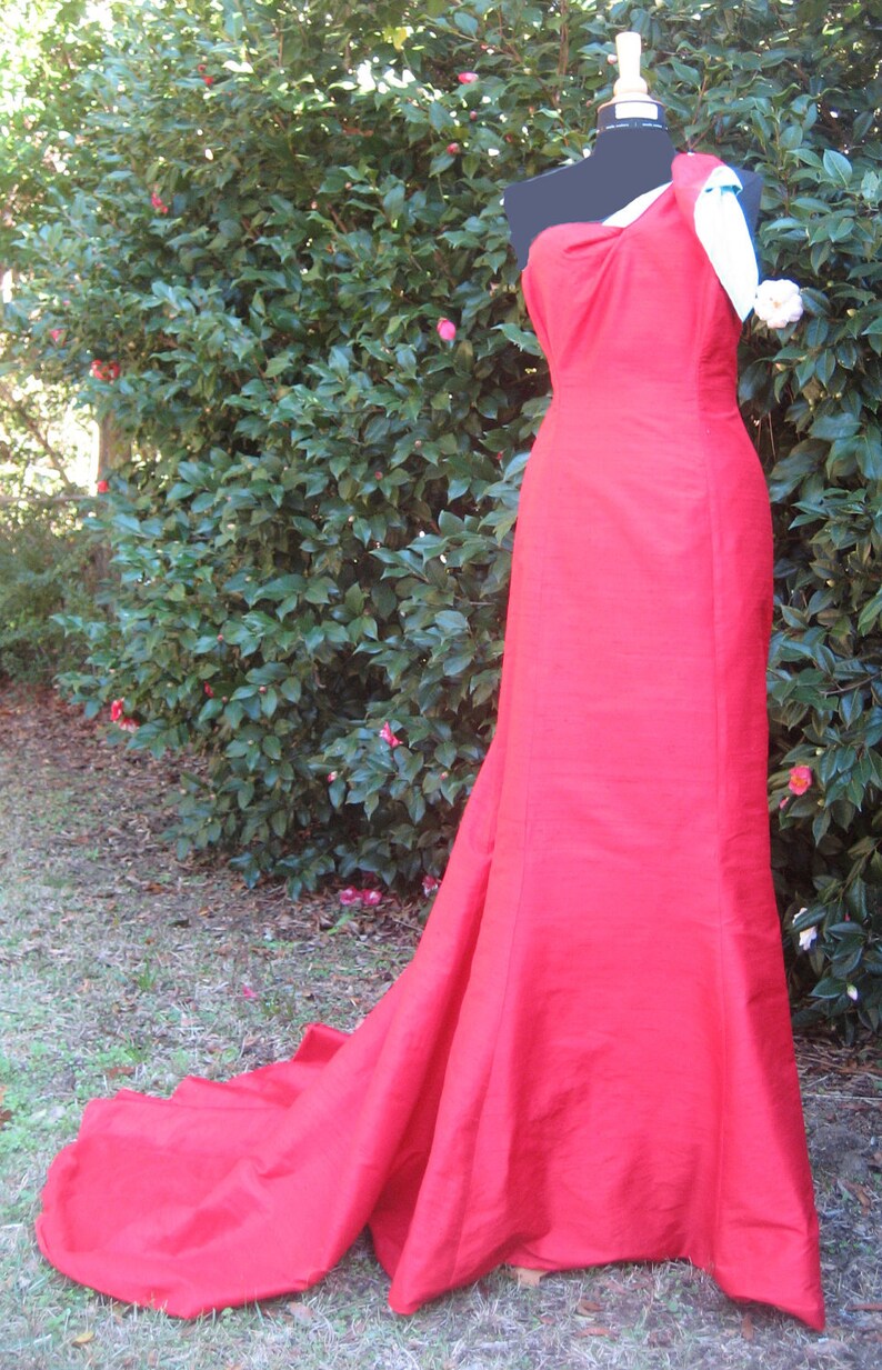 FREE SHIP SAMPLE Size 8 Red Prom Dress Red Wedding Dress Red Evening Gown Asymetrical Mermaid Gown with Topaz Blue Shoulder, Train, Bustle image 4