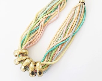 Vtg. Rainbow Pastel Beaded Necklace- Gold Hoop, Chunky Jewelry